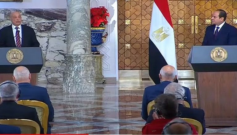 وقائع المؤتمر الصحفي المشترك بين السيسي وحفتر وصالح وقائع المؤتمر الصحفي المشترك بين السيسي وحفتر وصالح