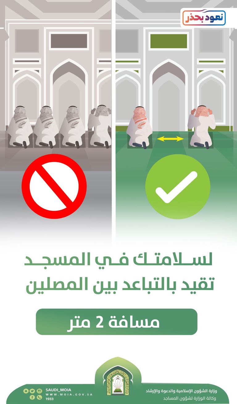 مصلون في أحد مساجد السعودية يلتزمون بالتباعد الاجتماعي
