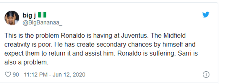 تغريدة لأحد مشجعين كرة القدم يعلق على أداء كريستيانو رونالدو خلال مواجهة ميلان (الجمعة) في إياب نصف نهائي كأس إيطاليا كريستيانو رونالدو