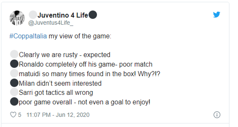 تغريدة لأحد مشجعي يوفنتوس الإيطالي يعلق على أداء كريستيانو رونالدو خلال مواجهة ميلان (الجمعة) في إياب نصف نهائي كأس إيطاليا كريستيانو رونالدو