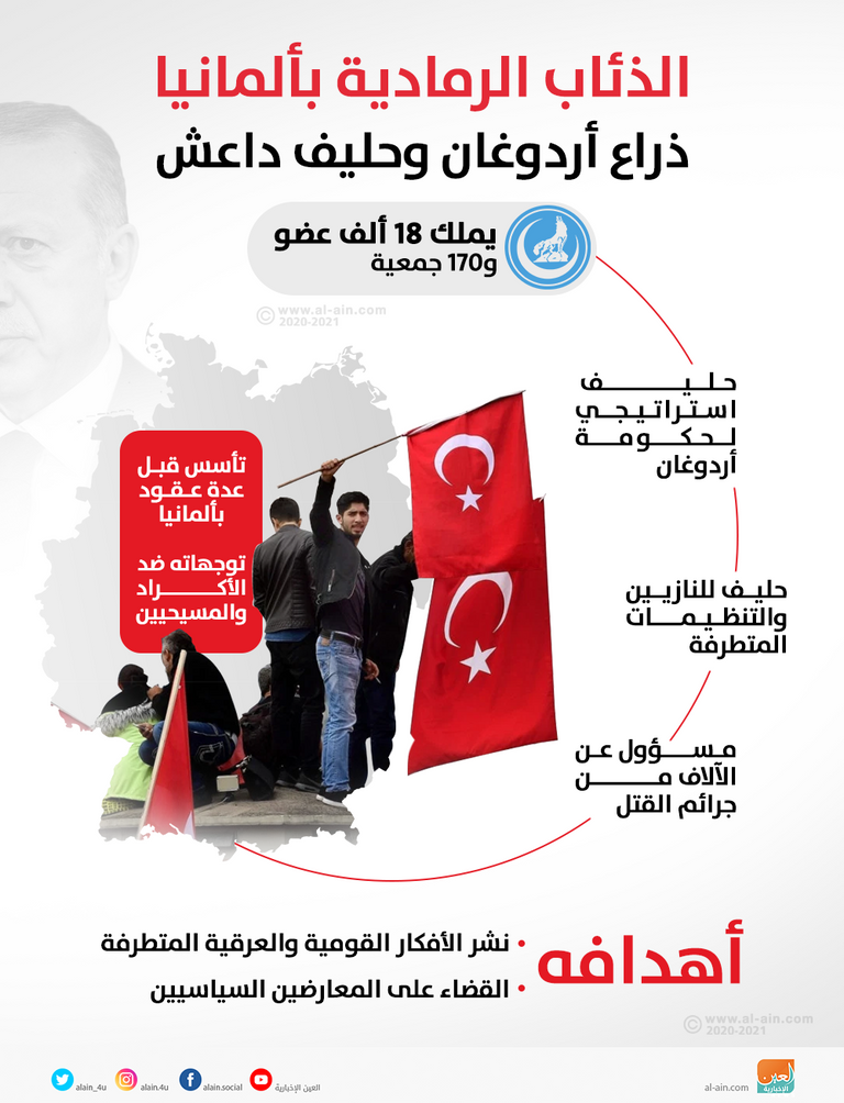 تركي بألمانيا يحمل صورة أردوغان ويشير بشعار الذئاب الرمادية