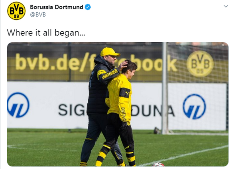 تغريدة نادي بروسيا دورتموند الألماني بها صورة ليورجن كلوب مدرب ليفربول الحالي وبوليسيتش، وكتب عليها "حيث بدأ كل شيء..." يورجن كلوب