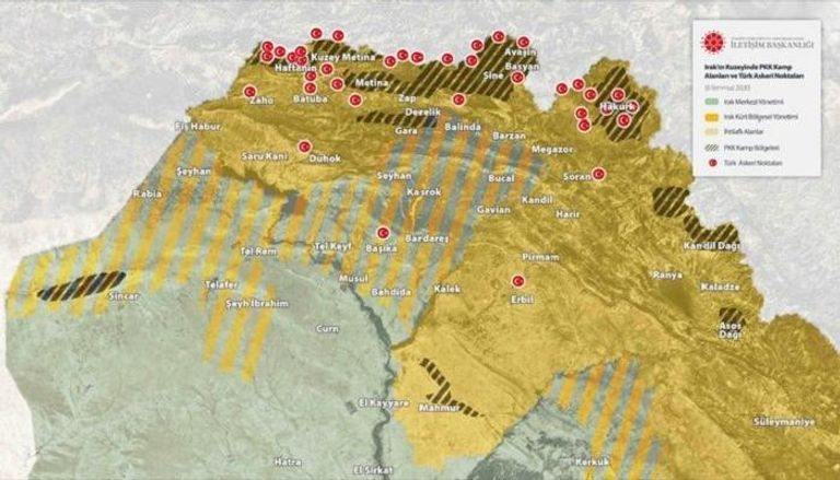 خريطة تنشرها تركيا بشأن قواتها في العراق