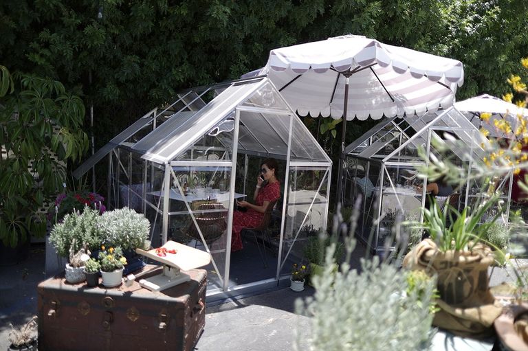 فتاتان تجلسان داخل إحدى الصوبات الزجاجية