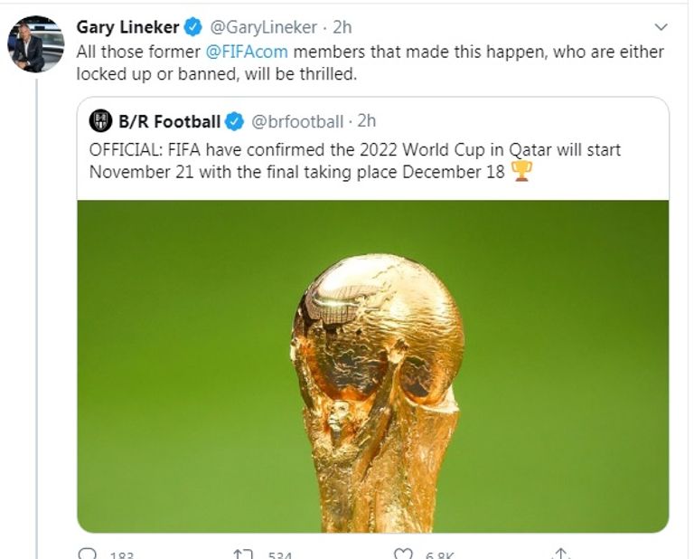 تغريدة النجم الإنجليزي جاري لينكر هداف مونديال 1986 كأس العالم