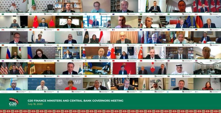 الاجتماع الافتراضي لوزراء المالية ومحافظي البنوك المركزية لمجموعة العشرين - الصورة من حساب المجموعة على تويتر وزير المالية السعودي ومحافظ مؤسسة النقد العربي