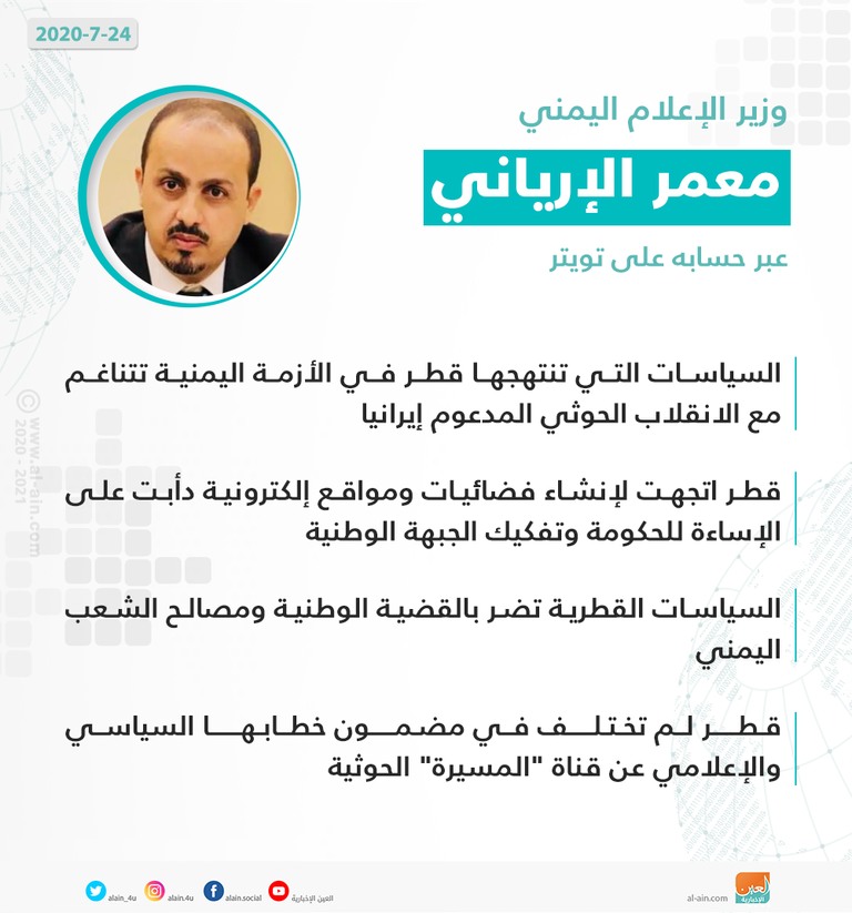 وزير الإعلام اليمني يفضح المخططات القطرية التخريبية ضد بلاده اليمن يفضح سياسات قطر التخريبية التي تستهدفه