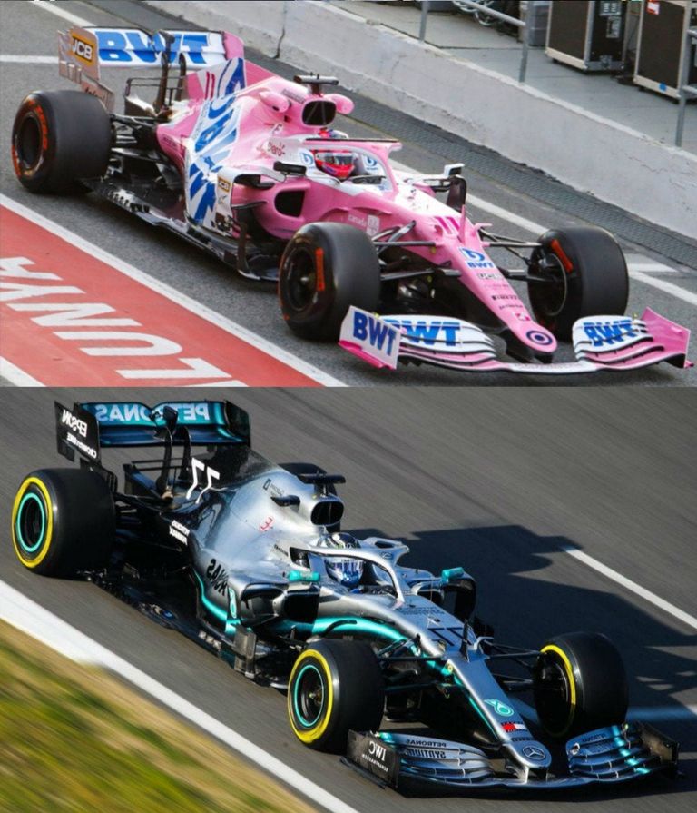 سيارة ريسينج 2020 في سباقات الفورمولا 1.. وتحتها سيارة مرسيدس 2019 لويس هاميلتون مع سيارة مرسيدس بطل الفورمولا 1