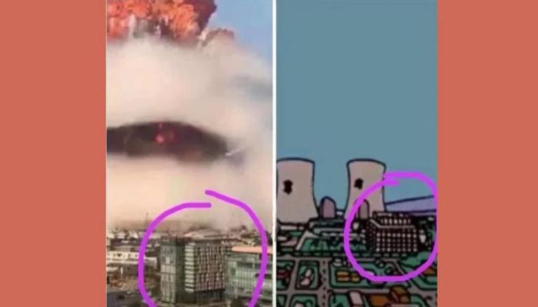 مشهد من مسلسل سيمبسون على (يمين) وانفجار مرفأ بيروت (يسار)