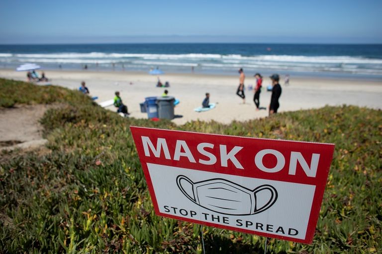 لافتة تحذيرية لضرورة ارتداء الكمامة قبل دخول الشواطئ لا بد من اختبار كفاءة الكمامة لتكون في أمان حقيقي