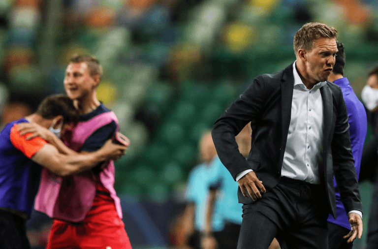 فرحة ناجلسمان مدرب لايبزيج بعد تأهله لنصف نهائي دوري الأبطال تأهل لايبزيج التاريخي