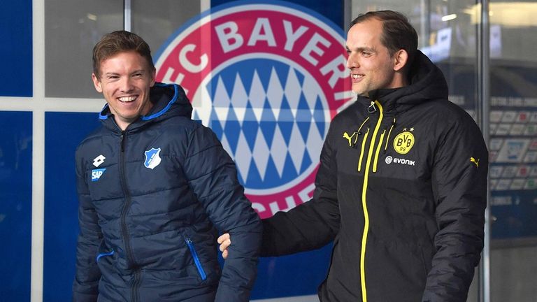 توخيل مدرب سان جيرمان وناجلزمان مدرب لايبزيج هانز فليك وجوليان ناجلزمان وتوماس توخيل