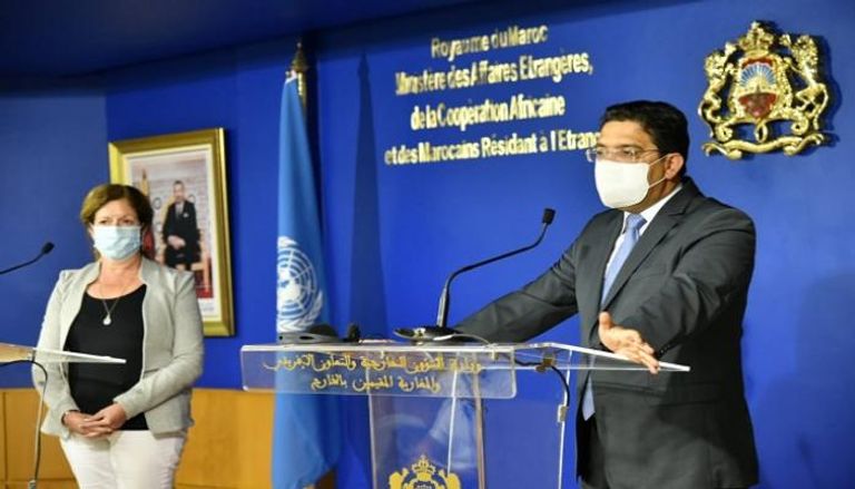 وزير الخارجية المغربي ناصر بوريطة خلال الندوة 