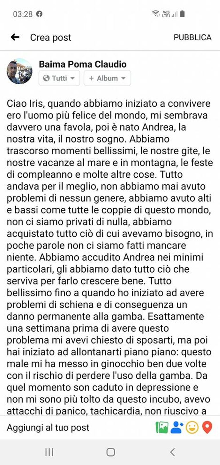 منشور الإيطالي كلاوديو بيما بوما، على "فيسبوك"، كتب بوما عن اكتئابه، ويلقي معظم مسؤولية هذه البادرة على زوجته السابقة الإيطالي بوما مع طفله المقتول في إحدى الرحلات