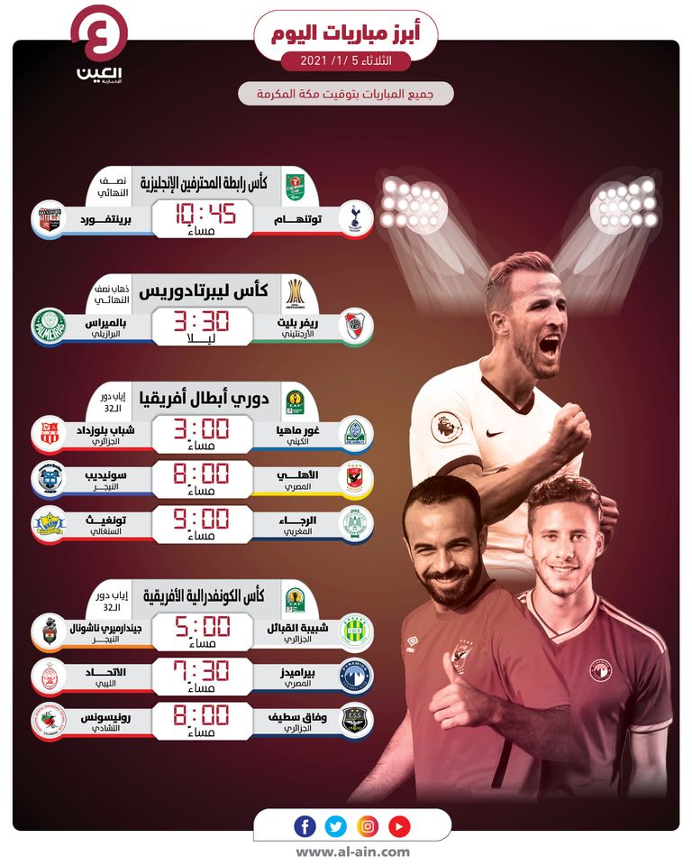 أبرز مباريات اليوم الثلاثاء 5 يناير فريق توتنهام