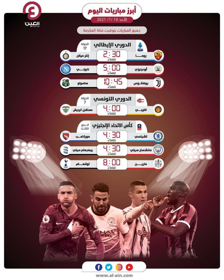 مباريات اليوم الأحد 10 يناير 2021