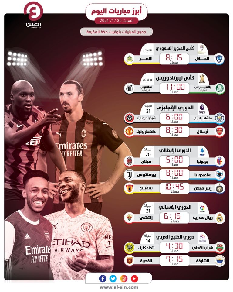 أبرز مباريات اليوم السبت 30 يناير 2021 الهلال ضد النصر