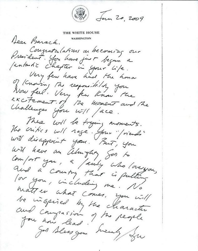 رسالة جورج بوش الابن إلى باراك أوباما الرئيس الأمريكي جو بايدن