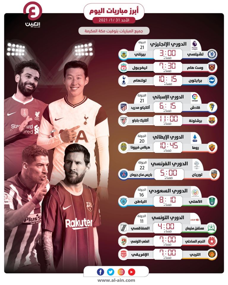 مباريات اليوم الأحد 31 يناير 2021