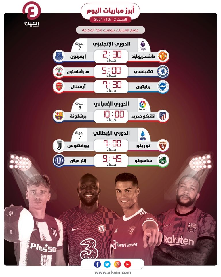 مواعيد مباريات اليوم السبت 2 أكتوبر 2021 برشلونة وأتليتكو مدريد