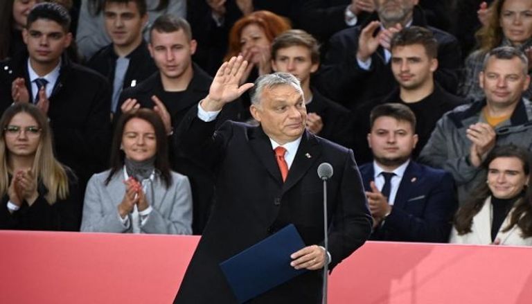 رئيس الوزراء المجري فيكتور أوربان خلال المظاهرة-أ.ف.ب