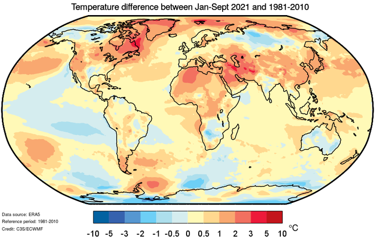 اختلافات درجة حرارة الهواء بالقرب من السطح من متوسط ​​1981-2010 للفترة من يناير إلى سبتمبر 2021.