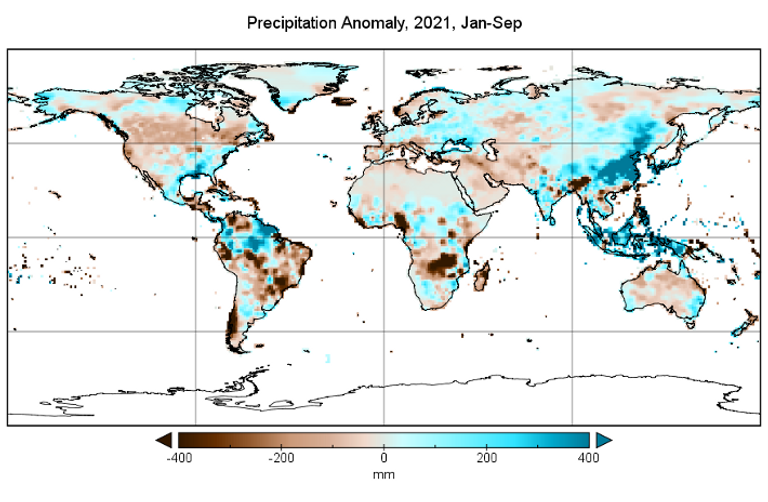 إجمالي شذوذ هطول الأمطار في الفترة من يناير إلى سبتمبر 2021 مقارنة بالفترة المرجعية 1951-2000.