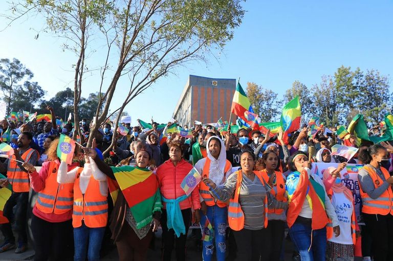 جانب من الحشود الداعمة للحكومة الإثيوبية بأديس أبابا 