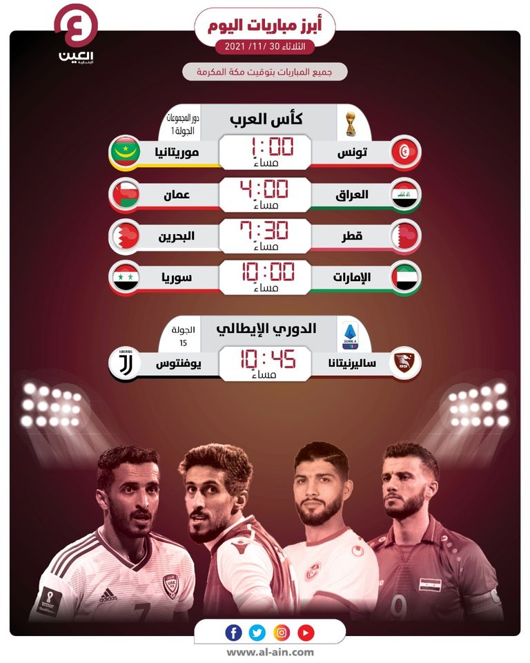 مواعيد مباريات اليوم الثلاثاء 30 نوفمبر 2021 والقنوات الناقلة كأس العرب 2021