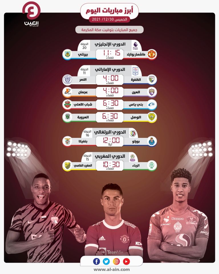 مواعيد مباريات اليوم الخميس 30 ديسمبر 2021 والقنوات الناقلة