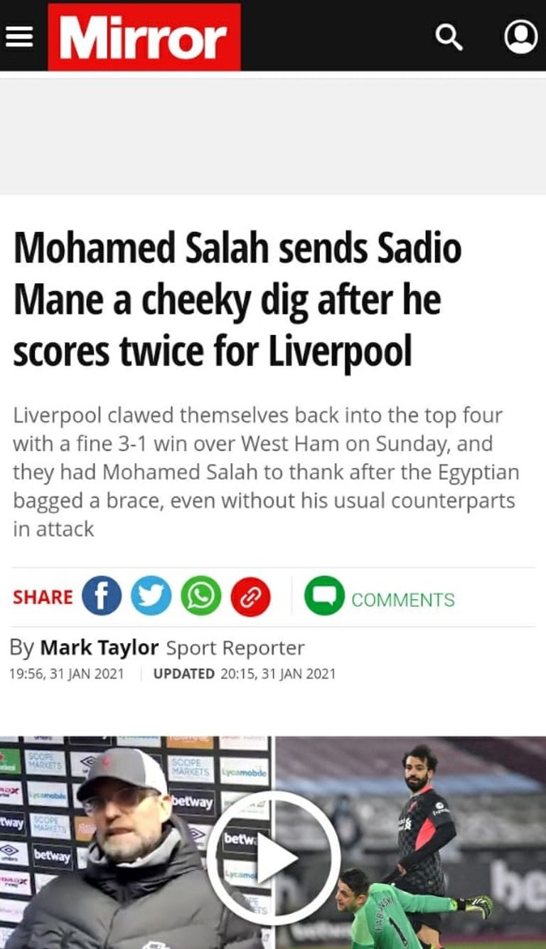محمد صلاح من موقعة وست هام ضد ليفربول