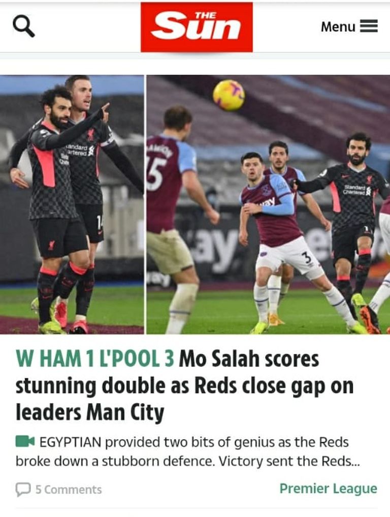 محمد صلاح من موقعة وست هام ضد ليفربول