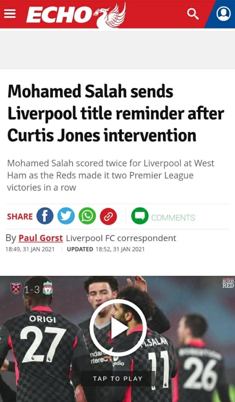 محمد صلاح من موقعة وست هام ضد ليفربول