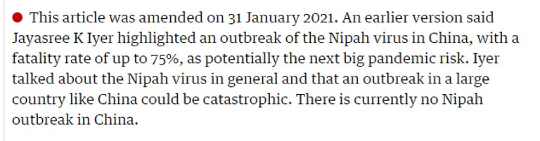 جزء من تقرير "الجارديان" الذي يوضح تعديل التقرير بعد تداول معلومات مغلوطة خفاش الفاكهة المضيف الطبيعي لفيروس نيباه