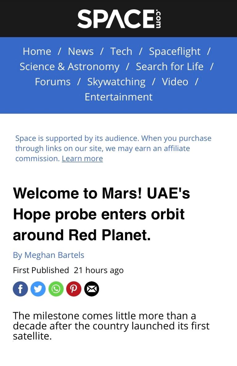 موقع "سبيس": الإمارات تتفوق في قطاع الفضاء مسبار الأمل الإماراتي