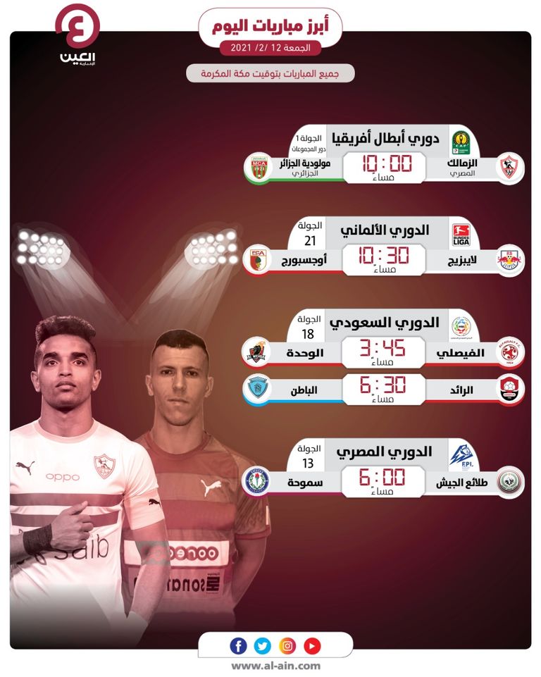 مباريات اليوم الجمعة 12 فبراير 2021 الزمالك المصري