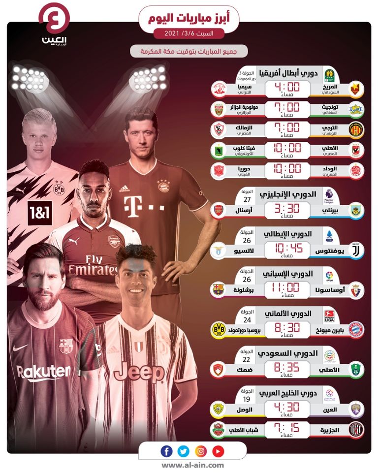 أبرز مباريات اليوم السبت 6 مارس 2021