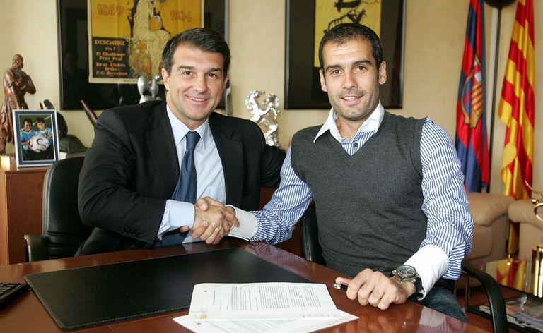 خوان لابورتا رئيس برشلونة العائد كان أول من منح الفرصة للمدرب جوارديولا للظهور خوان لابورتا رئيس برشلونة الجديد مع جوارديولا وليونيل ميسي