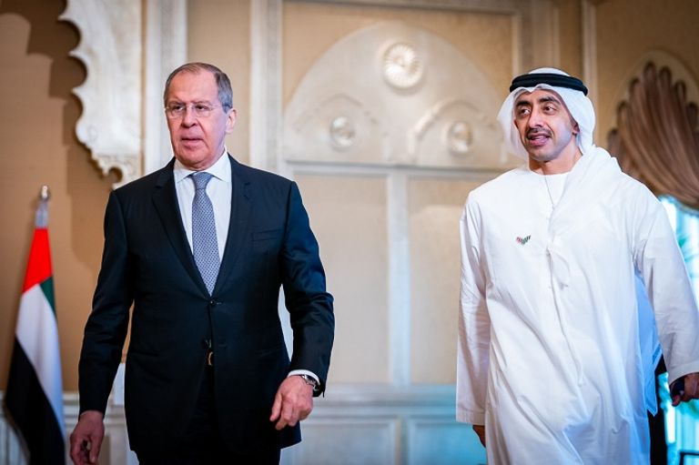 جانب من المؤتمر الصحفي المشترك لوزيري خارجية الإمارات وروسيا