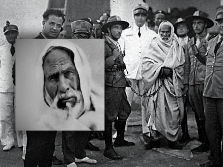 شيخ المجاهدين عمر المختار عقب القبض عليه من قبل الاحتلال الإيطالي مدينة طبرق الليبية بلد شيخ الشهداء عمر المختار