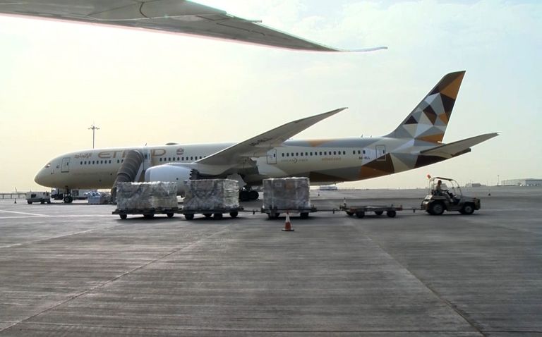 جانب من المساعدات الإماراتية خلال عملية الشحن