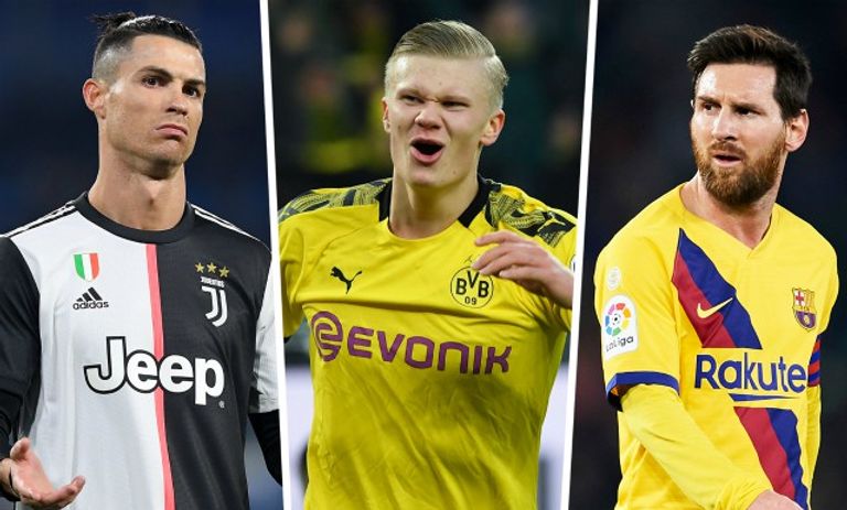 ليونيل ميسي وإيرلينج هالاند وكريستيانو رونالدو إيرلينج هالاند مهاجم بروسيا دورتموند