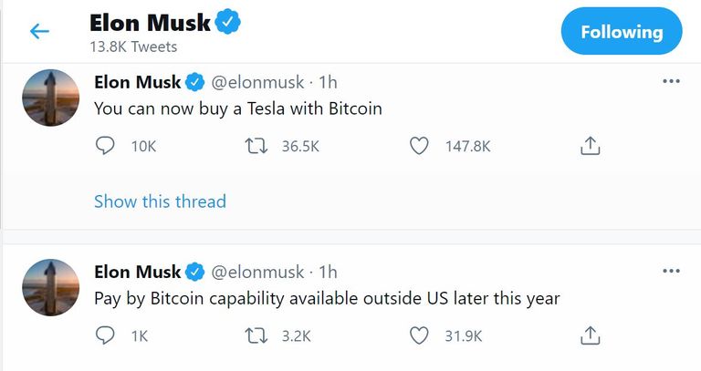 تغريدة إيلون ماسك عن شراء تسلا عبر عملة البيتكوين