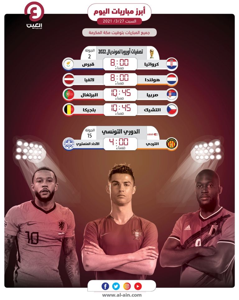 مواعيد مباريات اليوم السبت 27 مارس 2021 والقنوات الناقلة