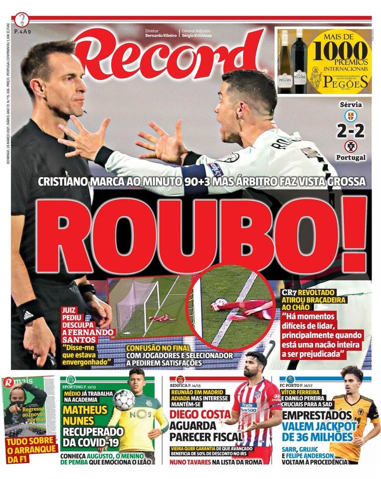غلاف صحيفة ريكورد البرتغالية هدف كريستيانو رونالدو غير المحتسب