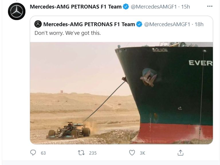 صورة نشرتها صفحة فريق مرسيدس فورمولا 1 عقب تحرير السفينة