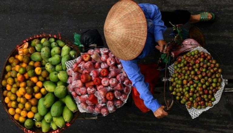 بائعة جائلة في شوارع هانوي تحمل الفاكهة على دراجتها الهوائية