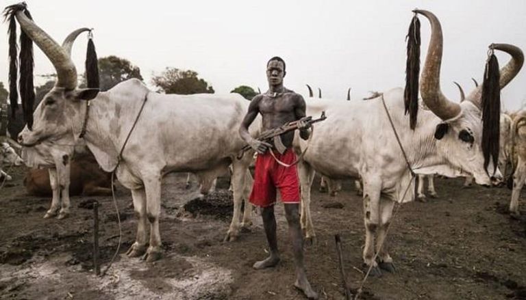 أحد الأشخاص خلال حراسة معسكر للأبقار في جنوب السودان- أرشيفية