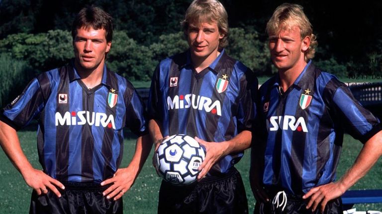 ثلاثي إنتر الألماني ماتيوس وأندريه بريميه ويورجن كلينسمان فريق إنتر ميلان بقيادة كونتي