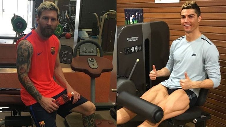 رونالدو وميسي يتدربان كريستيانو رونالدو وليونيل ميسي